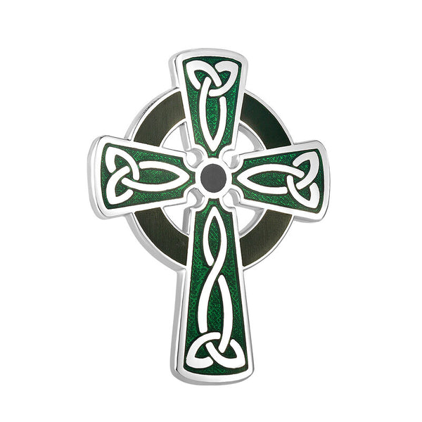 Cross Brooch with Green Enamel