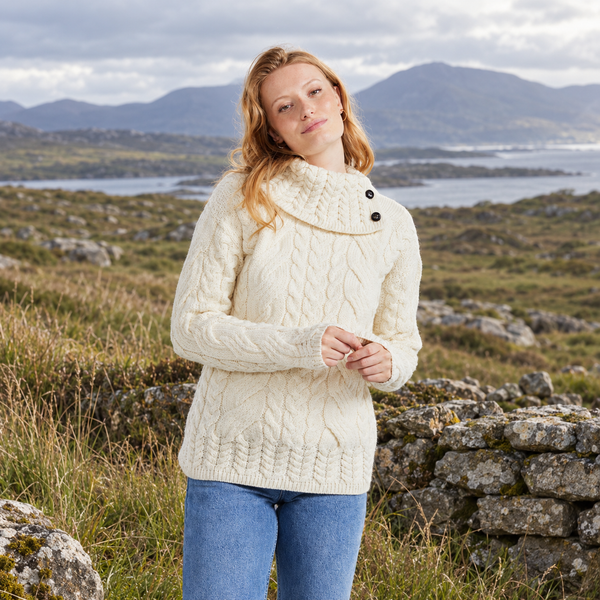 Maeve Aran Supersoft Natural Sweater with Button Collar