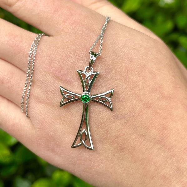 Sterling Silver Celtic Cross Necklace with Emerald