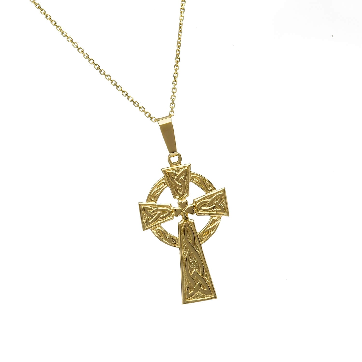 10k Gold Celtic Cross Necklace with Shamrock Design