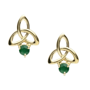 10k Gold Trinity Knot Earrings With Green Agates on a white foreground