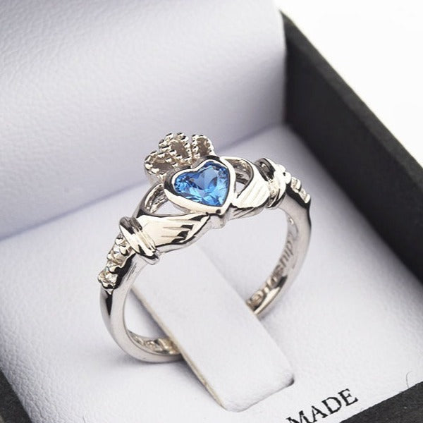 Shanore White Gold Claddagh Birthstone Ring - December