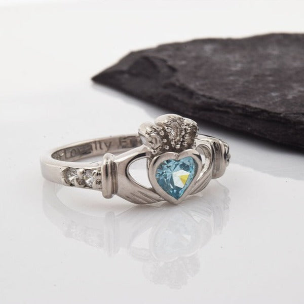 Shanore White Gold Claddagh Birthstone Ring - March