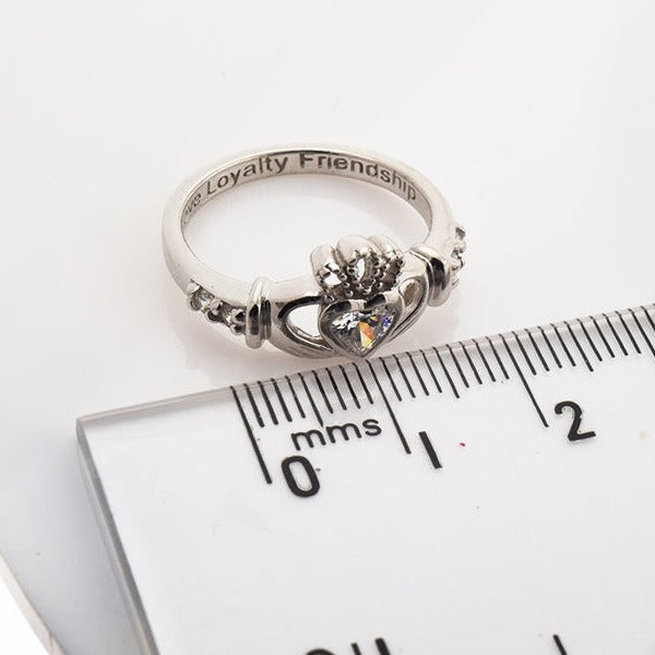 Shanore White Gold Claddagh Birthstone Ring - April
