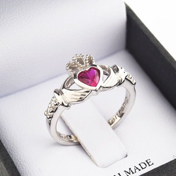 Shanore White Gold Claddagh Birthstone Ring - July