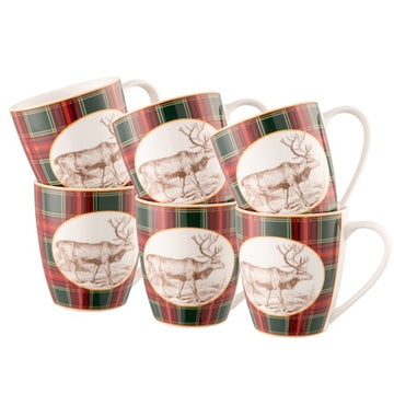 Aynsley Tartan Reindeer Mugs - Set of 6