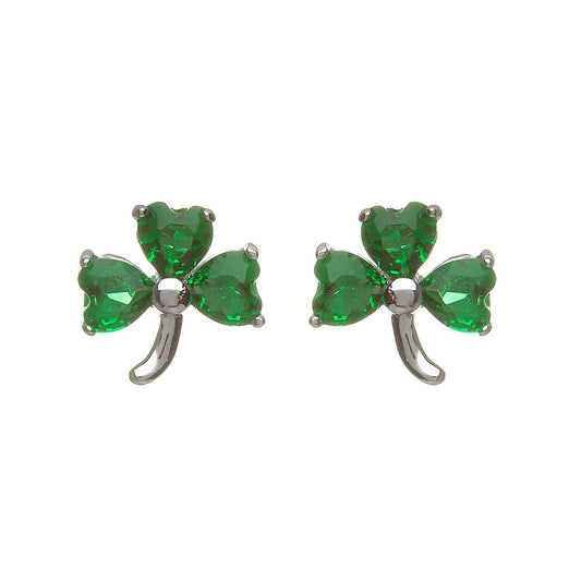 Sterling Silver Shamrock Stud Earrings with Green CZ stones