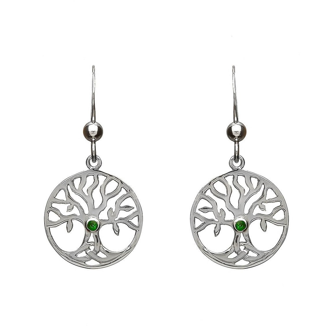 Sterling Silver Tree of Life Earrings with Green Agate