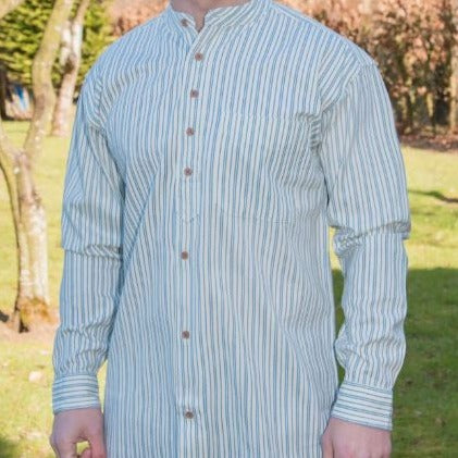White Irish Grandfather Shirt with light blue stripes
