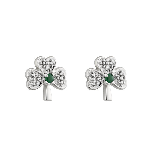 14k White Gold Diamond & Emerald Shamrock Earrings