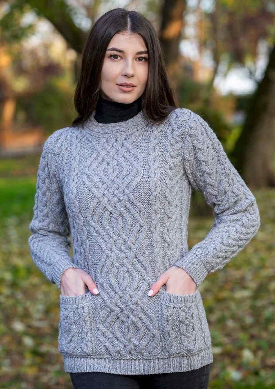 Ladies' Aran  Knit Crew Neck Grey Sweater
