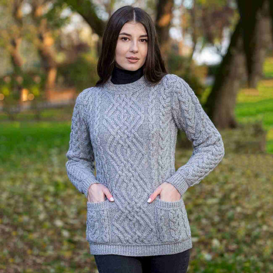 Ladies' Aran  Knit Crew Neck Grey Sweater
