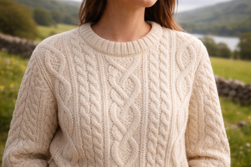 Crew neck Aran sweater showing traditional Irish knitwear neckline detail