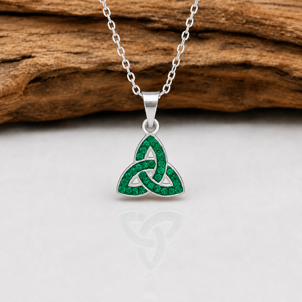 Sterling Silver Trinity Knot Necklace with Green Cubic Zirconia