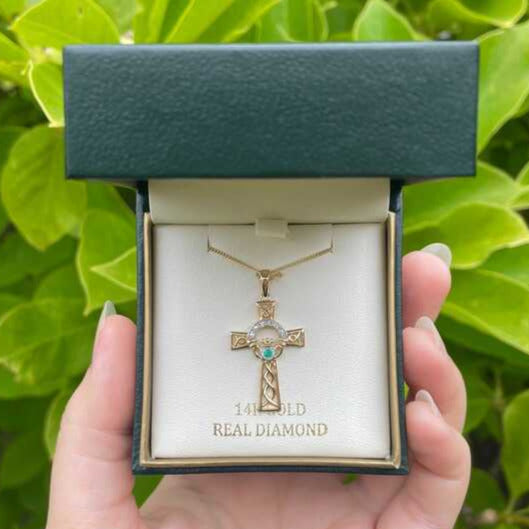 14k Gold Diamond and Emerald Claddagh Cross Necklace