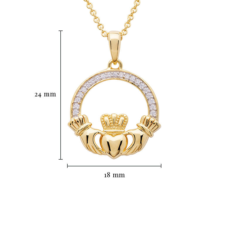 14KT Gold Vermeil Large Claddagh Necklace Studded with White Cubic Zirconias