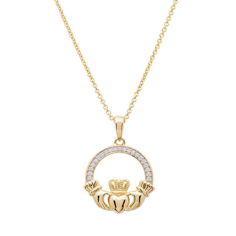 14KT Gold Vermeil Large Claddagh Necklace Studded with White Cubic Zirconias