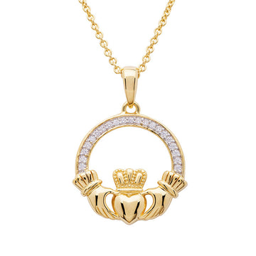 14KT Gold Vermeil Large Claddagh Necklace Studded with White Cubic Zirconias