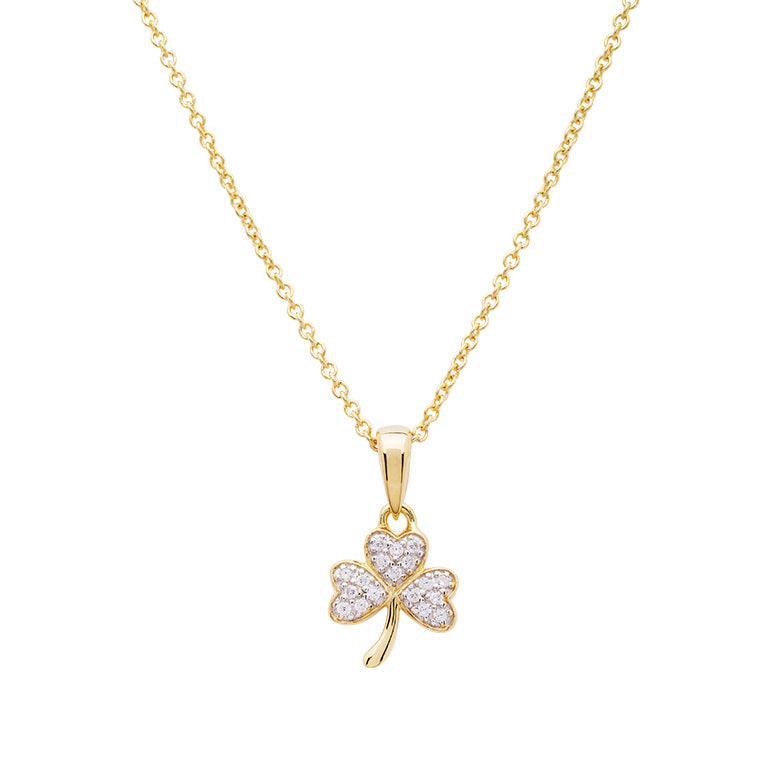 14KT Gold Vermeil Shamrock Necklace Studded with White Cubic Zirconias