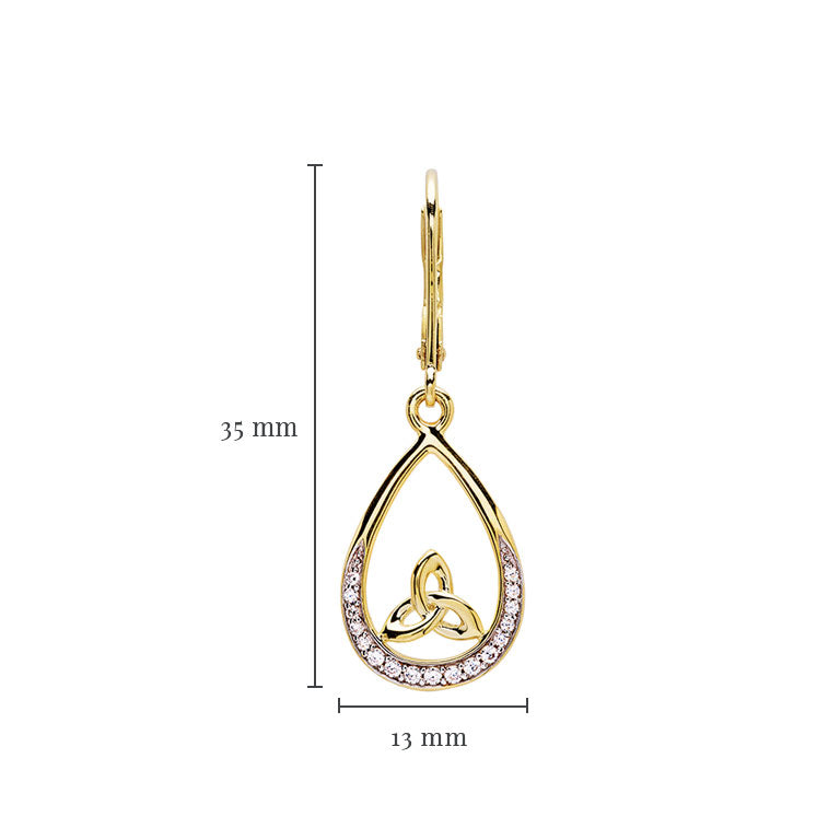 14KT Gold Vermeil Tear Drop Trinity Knot Earrings Studded with White Cubic Zirconias