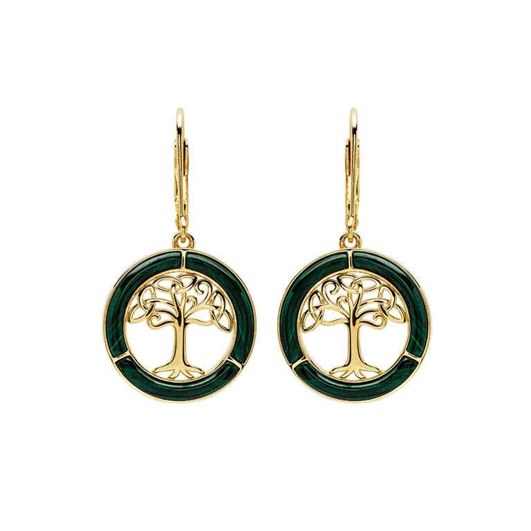 14KT Gold Vermeil Drop Malachite Celtic Tree of Life Earrings
