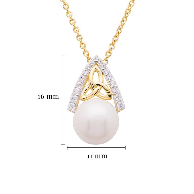 14KT Gold Vermeil Trinity Knot Pearl Pendant Studded with White Cubic Zirconias