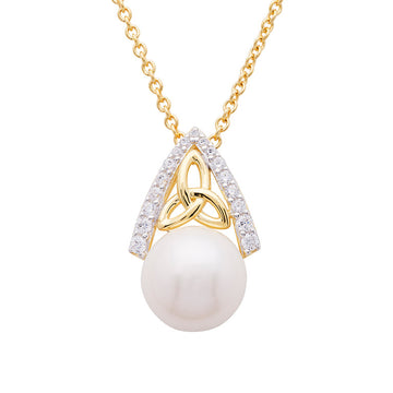 14KT Gold Vermeil Trinity Knot Pearl Pendant Studded with White Cubic Zirconias