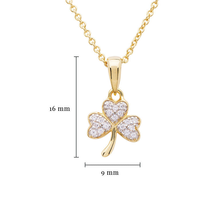 14KT Gold Vermeil Shamrock Necklace Studded with White Cubic Zirconias
