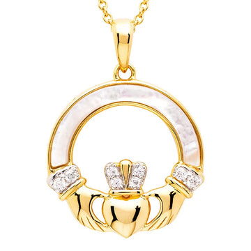 14kt Gold Vermeil Mother of Pearl Claddagh Necklace with White Cubic Zirconia