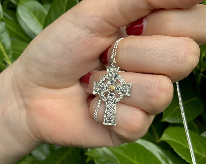 Medium Silver Cross Necklace with Gold Bead