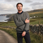 Inishbeg Stripe Grey Crewneck Aran Sweater