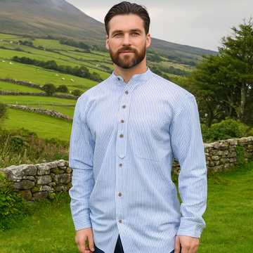 White Irish Grandfather Shirt with Azure Blue Stripes