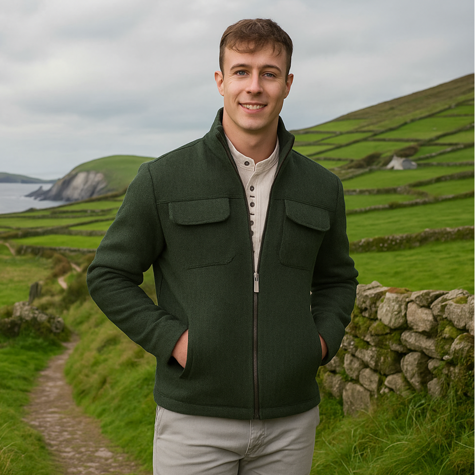 Wool Tweed Walking Jacket - Olive
