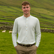 White Irish Grandfather Shirt with Green Stripes