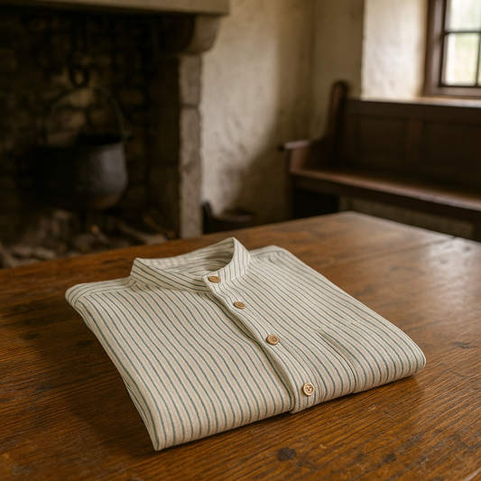White Irish Grandfather Shirt with Green Stripes
