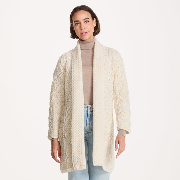 Tara Ladies Merino Natural Aran Long Shawl Cardigan