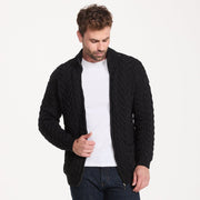 Corraun Mens Aran Zipper Merino Black Cardigan