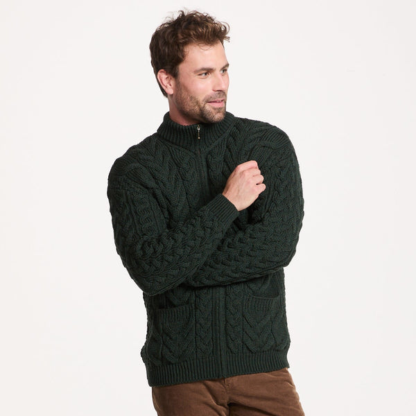 Corraun Mens Aran Zipper Merino Green Cardigan