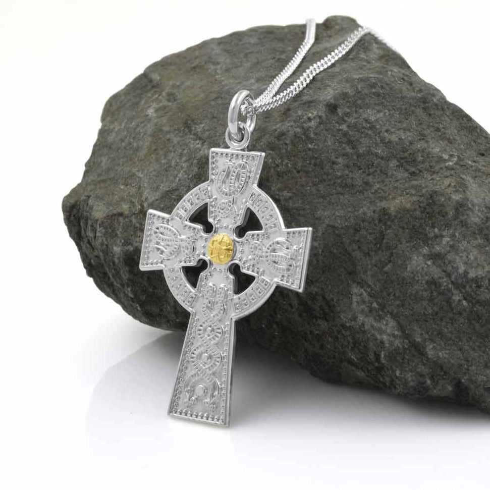 Medium Silver Cross Necklace with Gold Bead