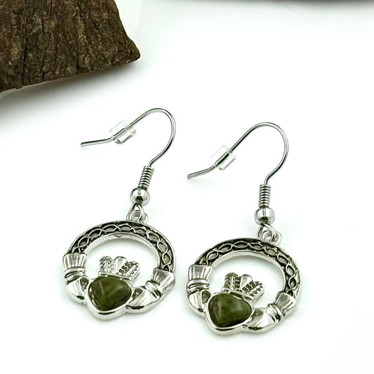 Rhodium Celtic Marble Claddagh Drop Earrings