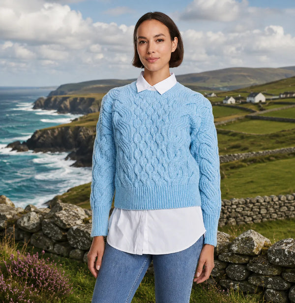 Ladies Crop Cable Light Blue Sweater