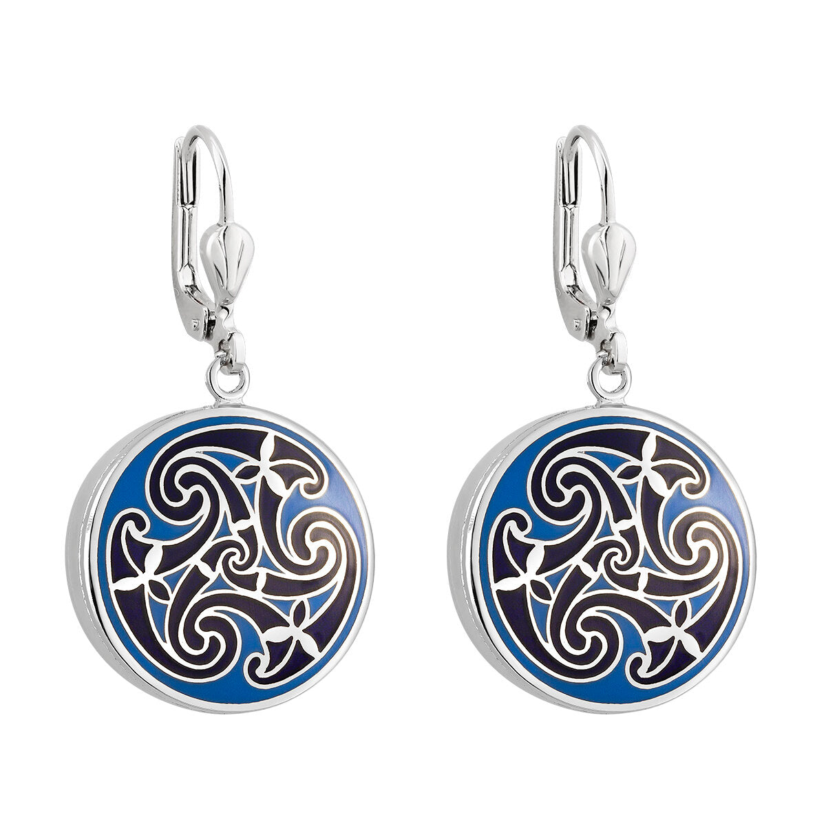 Rhodium Blue Enamel Round Celtic Earrings