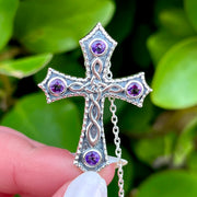 Oxidised Celtic Cross with Amethyst