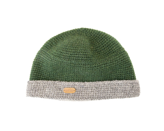 Crochet Turn up Hat Green/Oatmeal