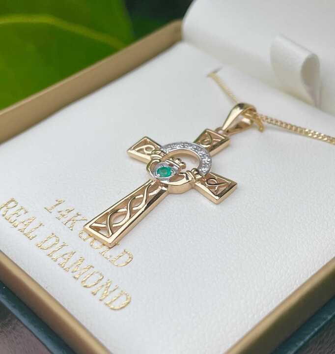 14k Gold Diamond and Emerald Claddagh Cross Necklace