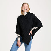 Easkey Ladies Classic Aran Button Black Poncho