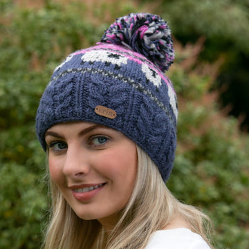 Sheep Bobble Hat with Aran Cable Band in Blue and Pink