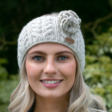 Aran Cable Knitted Wool Headband with Flower Oatmeal