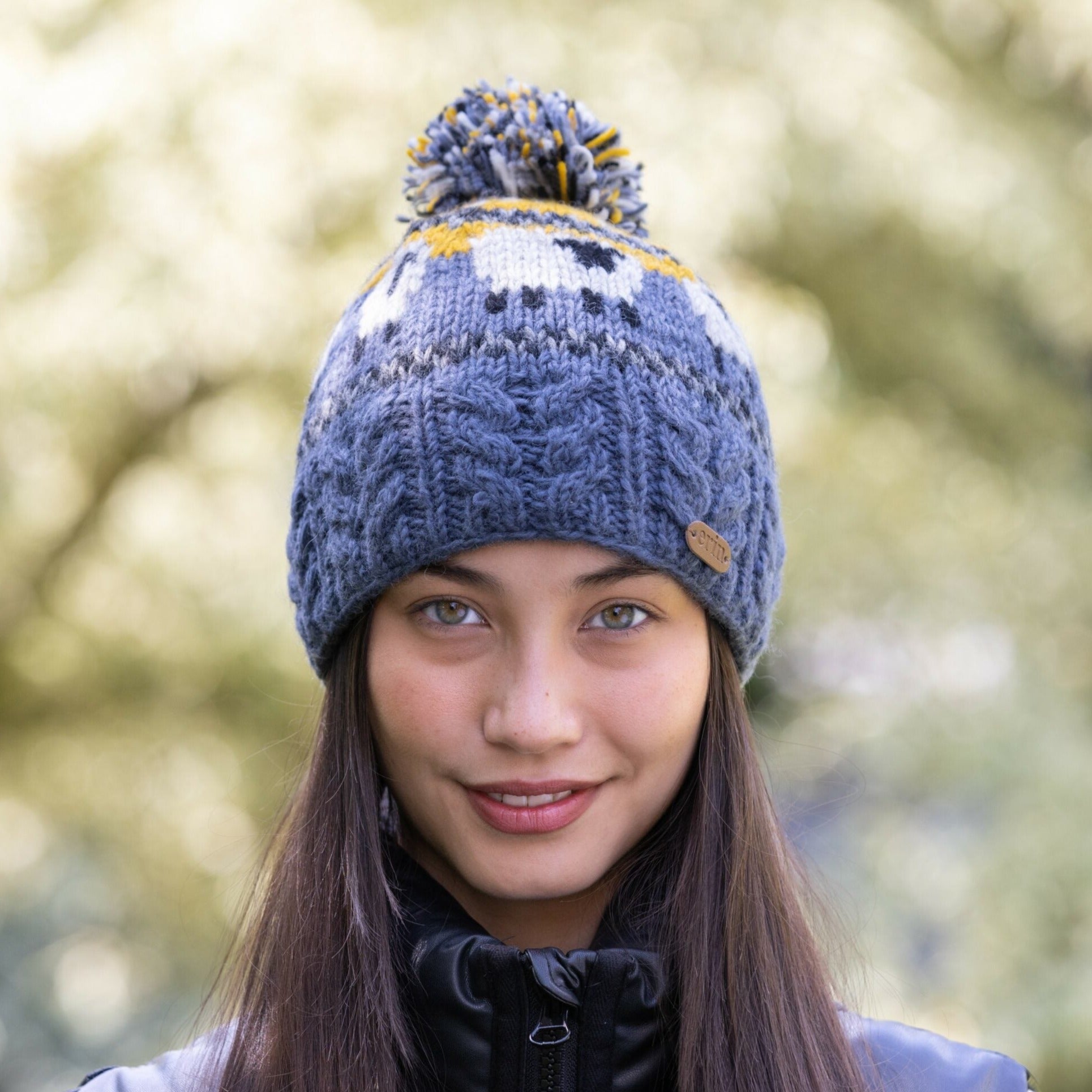 Sheep Bobble Hat with Aran Cable Band in Yellow and Purple