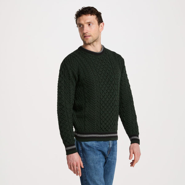 Inishbeg Stripe Green Crewneck Aran Sweater